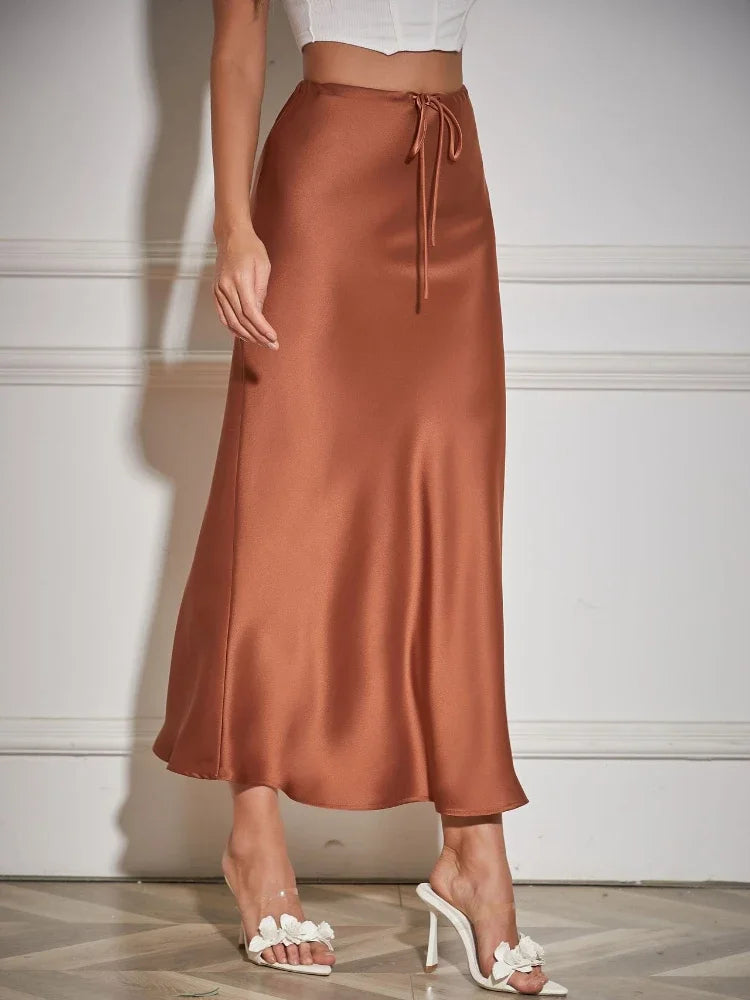 Bxoxo Grey High Waist Skirts for Women Fashion Temperament Elegant Black Satin Skirt Classics Versatile Slim Long Skirt Summer New