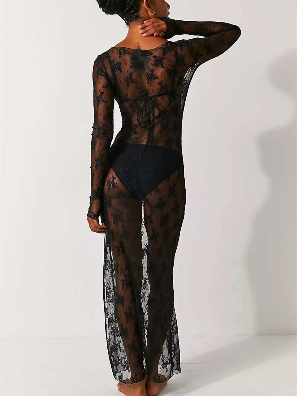 BXOXO Womens Y2K Sheer Lace Maxi Dress Long Sleeve See Through Mesh Floral Lace Split Bodycon Dress Beach Coverups Party Dress