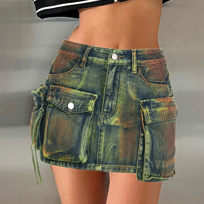 BXOXO Grunge Harajuku Cargo Mini Skirts Vintage Streetwear Denim Skirts Women A-line Low Waist Pocket Patch Clothes y2k 90S