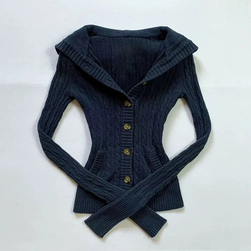 Bxoxo American Navy Blue Knitted Hooded Cardigan Y2K Fashion Slim Casual Buttons Sweater Jacket Female Long Sleeve All-Match Sweaters