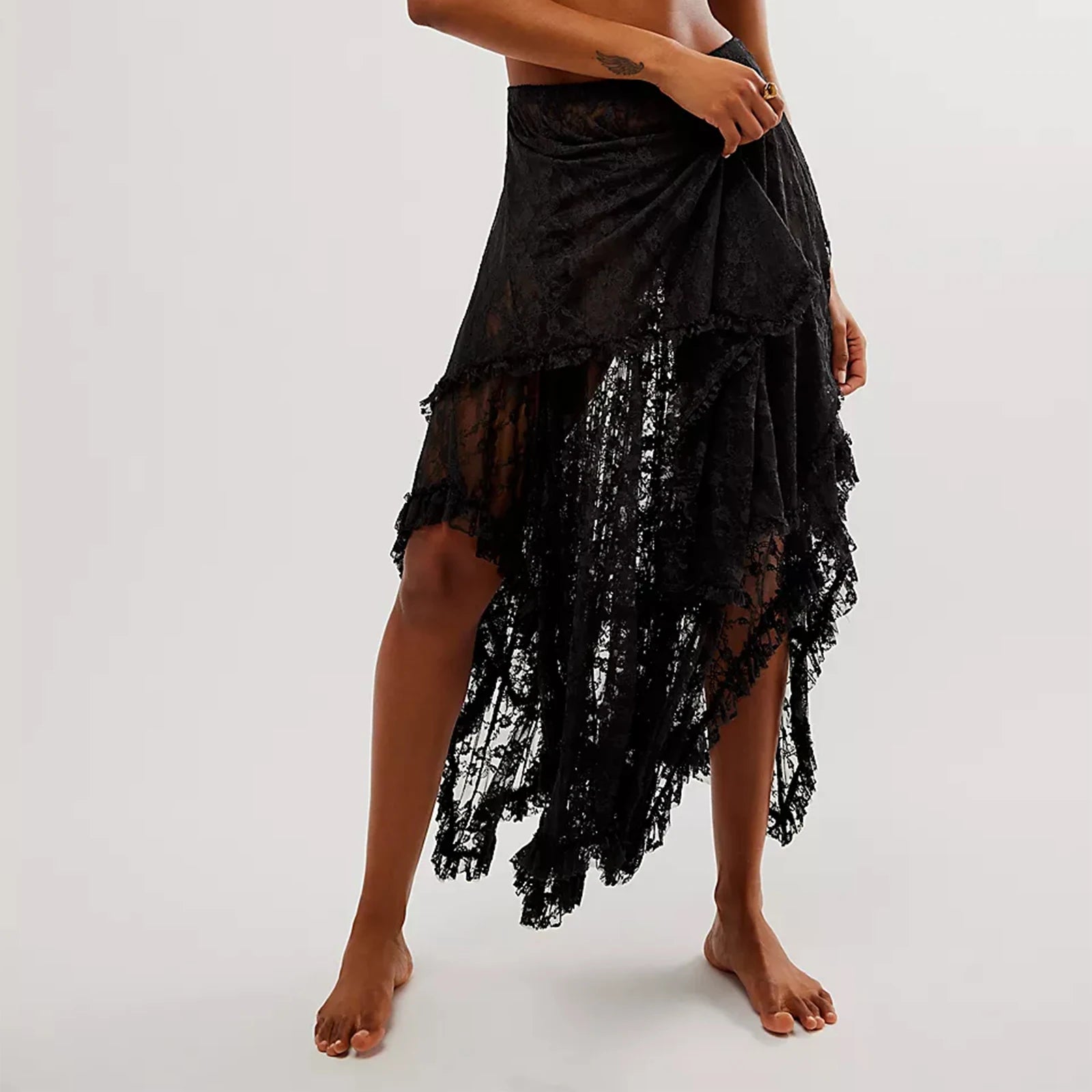 BXOXO Floral Lace Long Skirt for Women Y2K Elastic Waist Asymmetrical Layered Maxi Skirt Sexy See Through Flowy Beach Skirt
