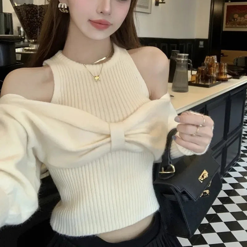 Bxoxo Sexy Off Shoulder Sweater Women Christmas Elegant Manners Bow Solid Two Piece Knit Jumpers Chic Vest Commuter Office Lady Tops