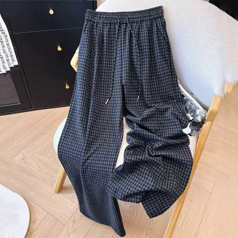Bxoxo Blue Plaid Wide Leg Pants Women Autumn High Waist Drawstring Loose Casual Trousers Y2K Winter Thick Casual Ankle Length Pants