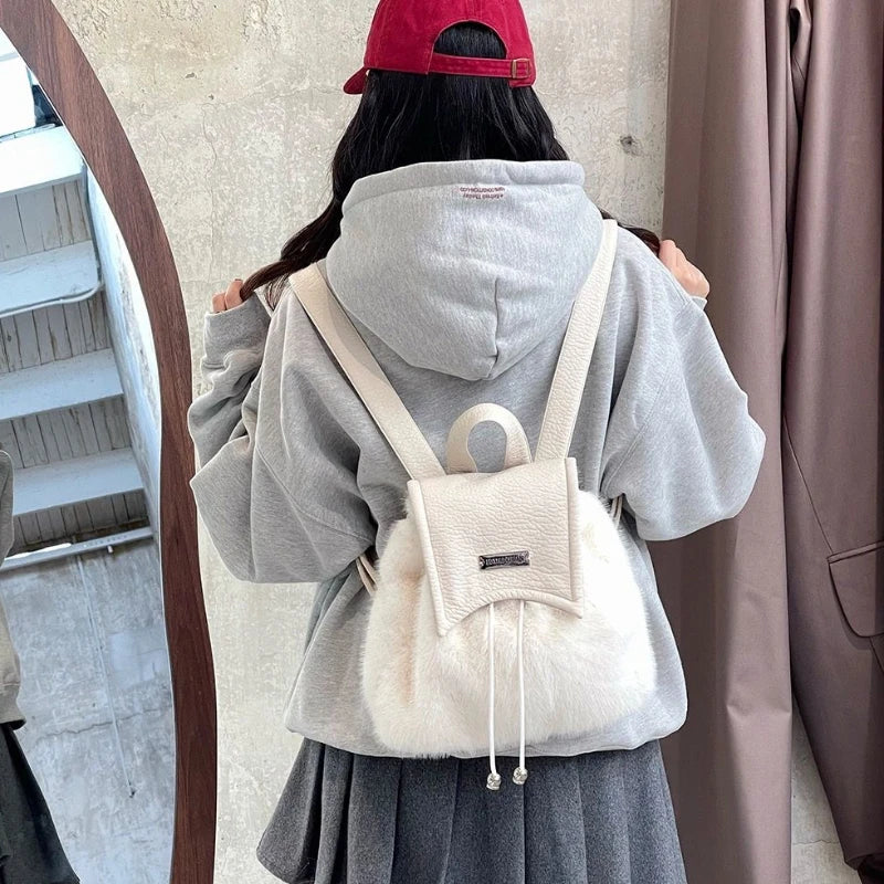 BXOXO Sweet Cute Soft Plush Shoulder Bag White Harajuku Style Drawstring Backpack New Large Capacity Elegant Literary Handbag