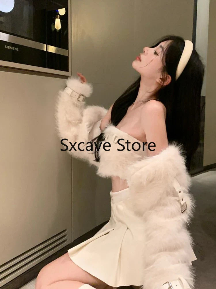 BXOXO Sexy 3 Piece Skirt Set Women Casual Long Sleeve Coat + Bodycon Tube Tops + Sweet Mini Skirt Evening Party Clothing Autumn