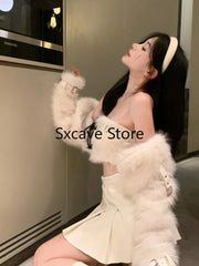BXOXO Sexy 3 Piece Skirt Set Women Casual Long Sleeve Coat + Bodycon Tube Tops + Sweet Mini Skirt Evening Party Clothing Autumn