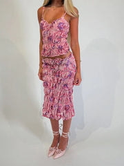 BXOXO See Through Print Folds 2-Piece Set Women Backless Sleeveless Suspenders+Elasticated Waist Skirts Holiday Matching Suit