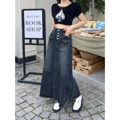 Bxoxo New Streetwear Denim Skirt Spring Summer Fashion Frayed Hem Pocket High Waist Long Jeans Skirt Loose Plus Size Skirt S-5XL