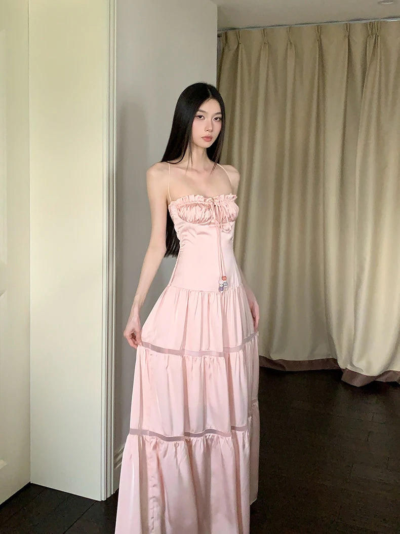 Bxoxo Pink Satin Backless Maxi Dress For Woman Shirring Beading A Line Long Tube Dress 2025 Summer Vacation Clothes