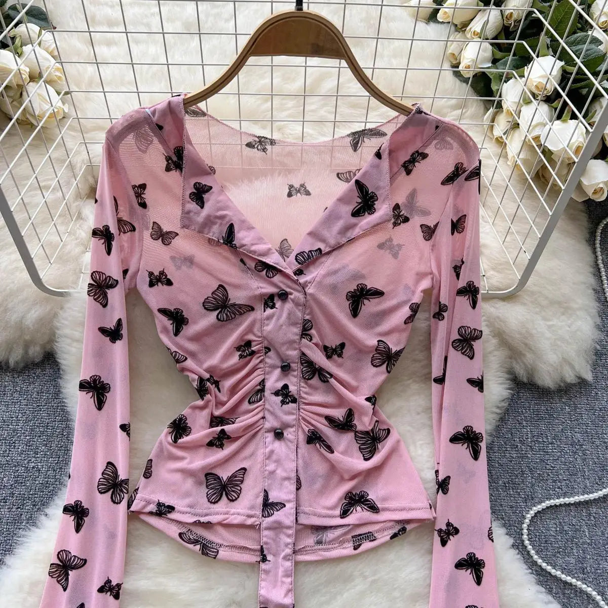 Bxoxo Butterfly Print Blouse Summer Long Sleeve V Neck Y2K 2024 Slim Vacation Ladies High Street Fashion Casual Shirt