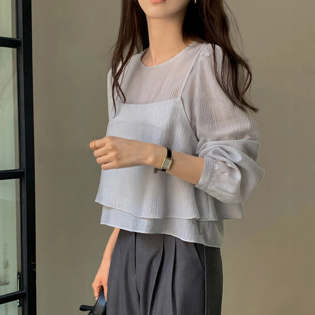 Bxoxo Unique Long Sve See-tough Tank Top Strap Vest Two-piece Set Chic Korean Sle Loose Fit round Ne Lantern Sve  ...