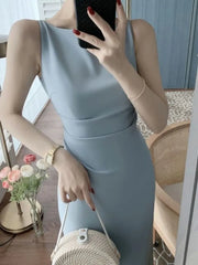 Bxoxo Women's Spaghetti Strap Sleeveless Solid Sexy Dresses Summer New Fashion Office Lady Female Elegant Evening Party Midi Dress