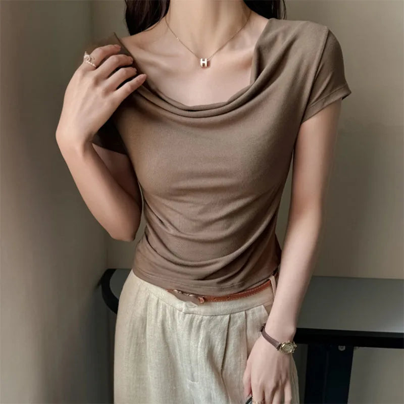 Bxoxo Summer Women's Cropped T Shirts Elegan Slash Neck Short Sleeve Tops Female Korean Slim Office Ladies Basic Tees New