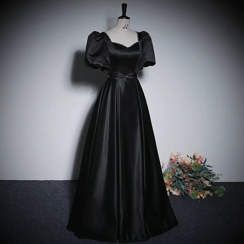 BXOXO Elegant Satin Black Evening Dresses Beaded Ruched Sweetheart Short Sleeves Formal Party Gowns Long Prom Dresses Robe De Soirée