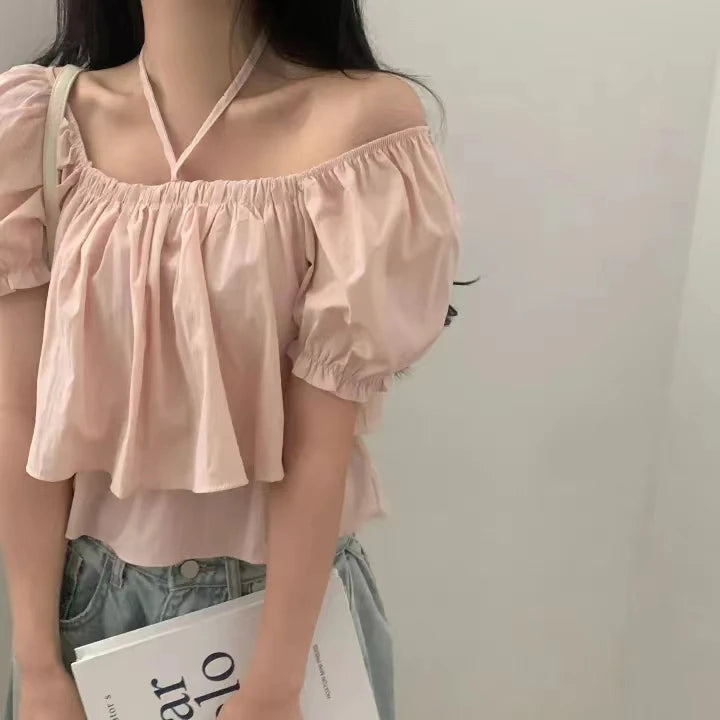 Bxoxo Summer New Sle Double Layered Chiffon irt with Bow Tie Bubble Sve Square Collar ort Sve Women's Faion Top