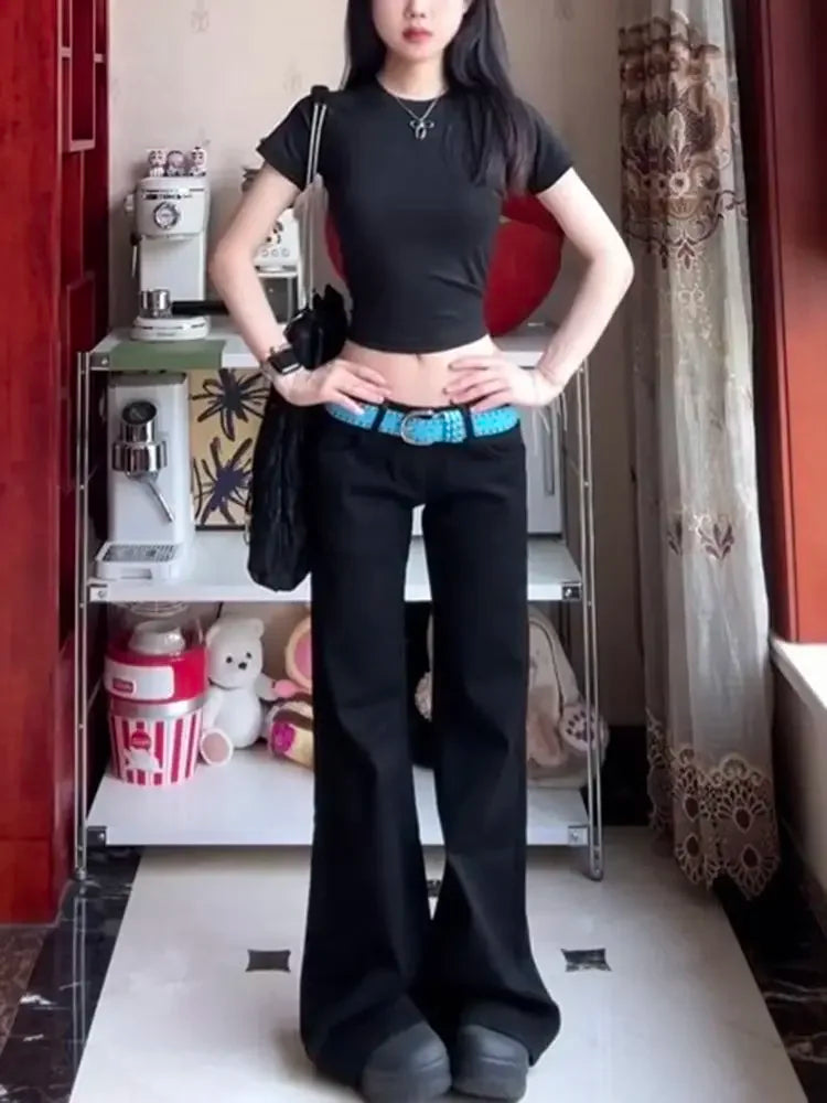 Bxoxo Black Basic Vintage Women's Pants Harajuku Low Waist Wide Leg Korean Fashion Flare Trousers Baggy Office Lady Casual