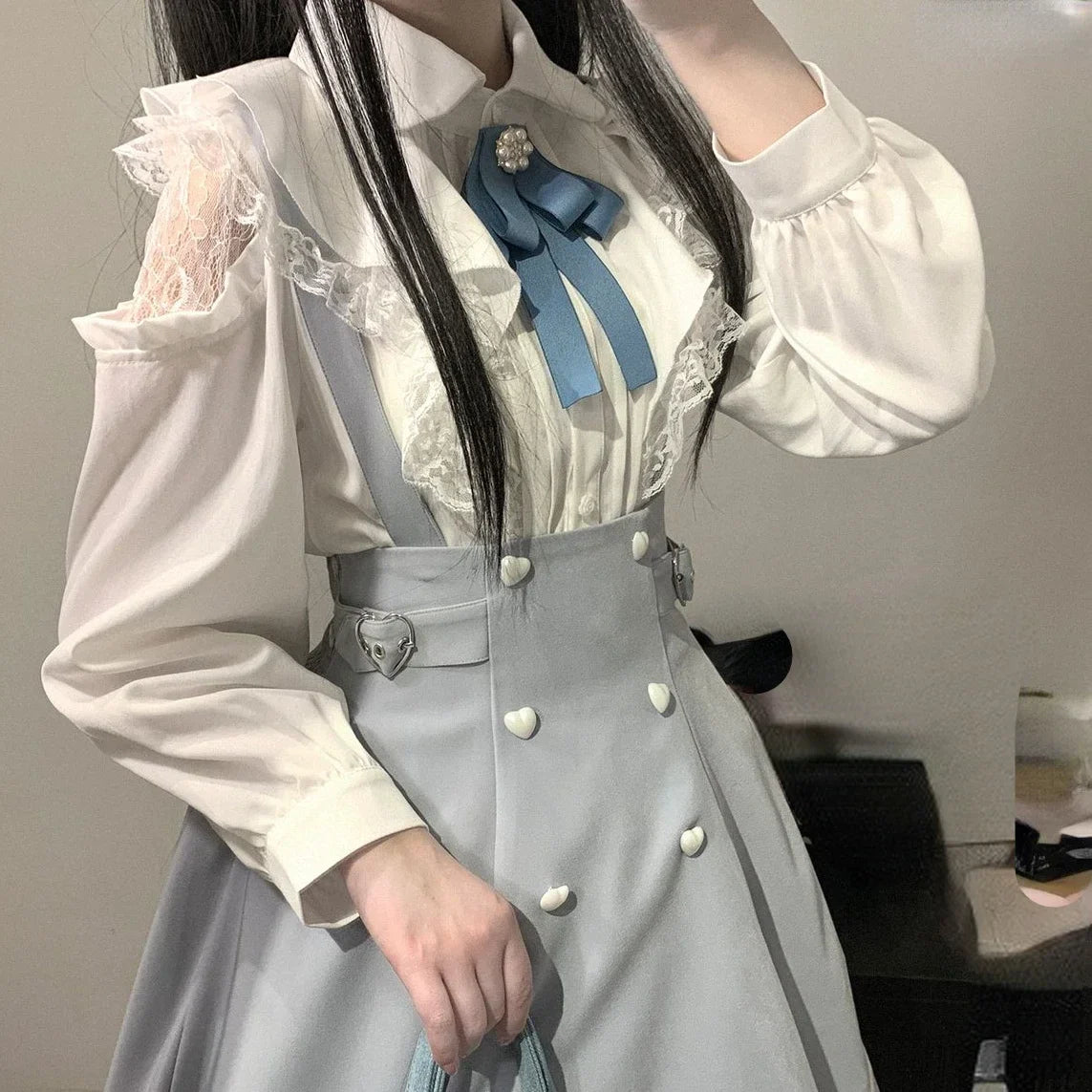 BXOXO Japanese Kawaii Girl Sweet Cute Lolita Hollow Out Shirt Autumn Y2k Aesthetic Lace All Match Blouse Top Women New JK Loose Blusas