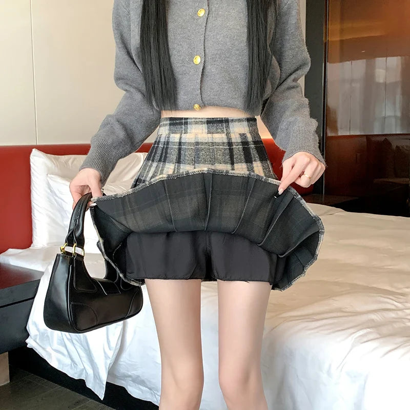 BXOXO Preppy Style Winter Plaid Vintage Pleated Mini Wool Skirt For Women High Waist Thicken Casual School Cute Short Skirt Female