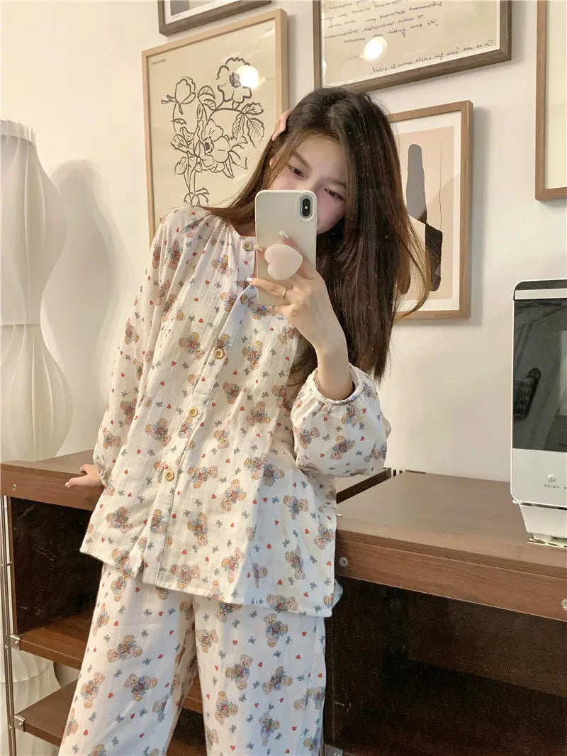 Bxoxo Women's Sweet Cute Pajamas Set Female Korean Style Home Clothing Girl Bear Foral Print Sleepwear Long Sleeve Pant Nightwear 2XL