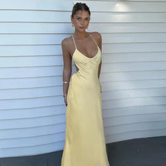 BXOXO Women's Satin Long Slip Dress Solid Color Sleeveless Spaghetti Strap Back Cross Slim Fit Dress Summer Party Clubwear