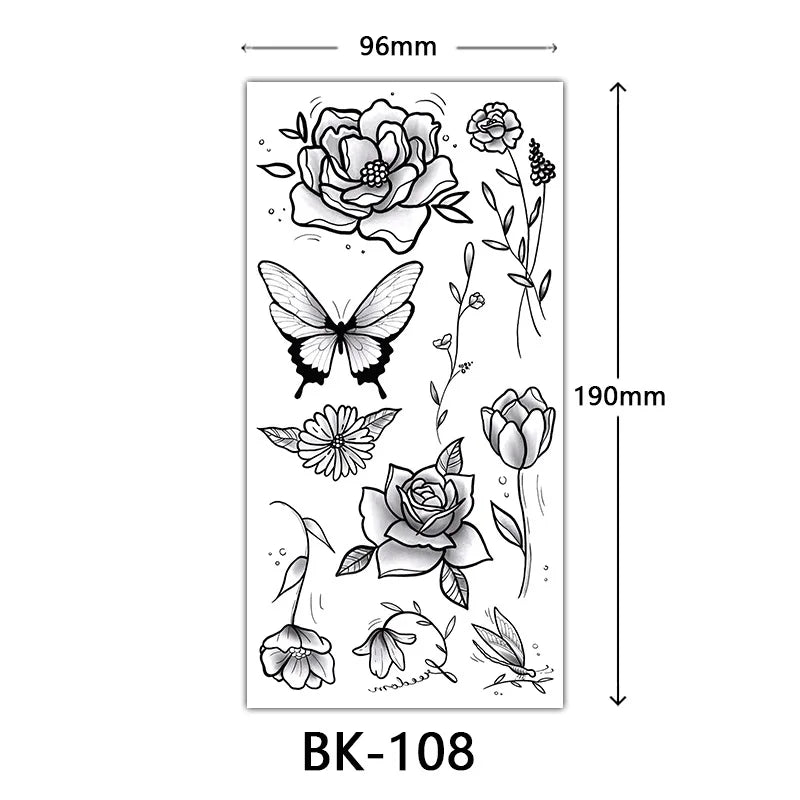 BXOXO Black Large Flower False Tattoo Sticker For Women Rose Peony Temporary DIY Water Transfer Tattoos Girls Hand back Body Art