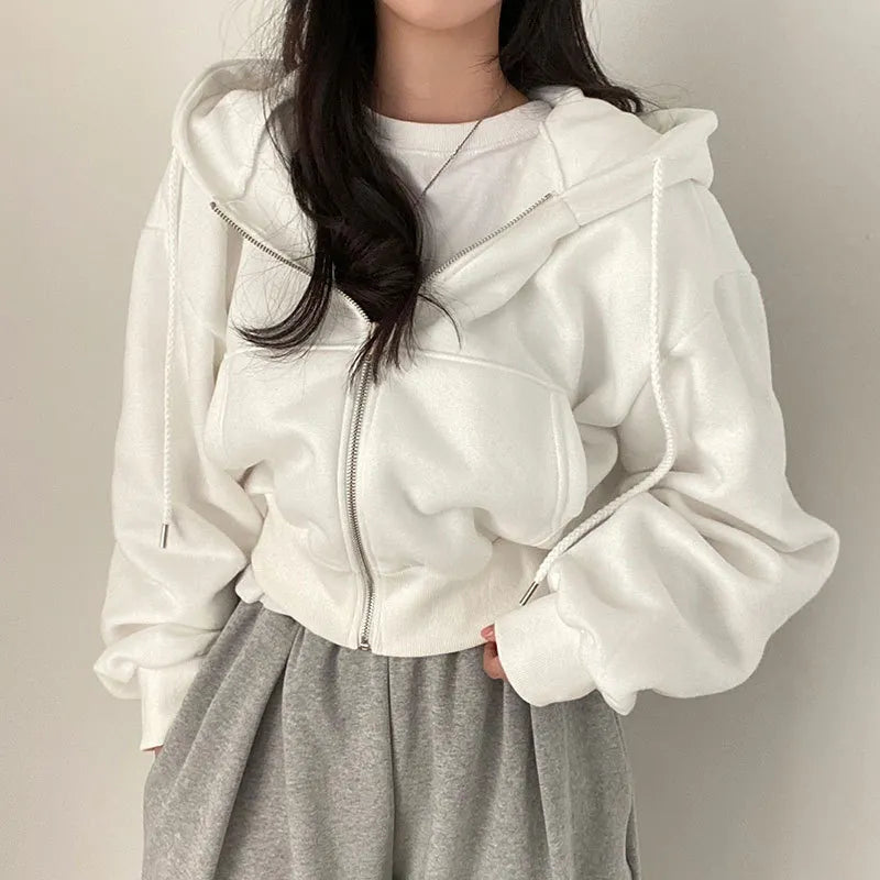 BXOXO Women Solid Hooded Sweatshirt Autumn Winter Korean Long Sleeve Zipper Casual Hoodies Female Holiday Loose Short Jacket Coat