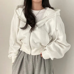 BXOXO Women Solid Hooded Sweatshirt Autumn Winter Korean Long Sleeve Zipper Casual Hoodies Female Holiday Loose Short Jacket Coat