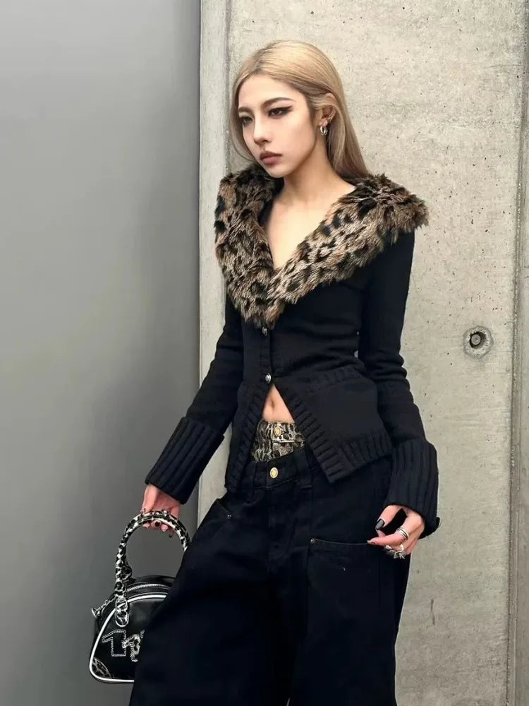 BXOXO Detachable Leopard Print Fur Collar Tops Mujer Autumn Winter New Slim Fit Sweaters Black Long Sleeve Cardigan Women