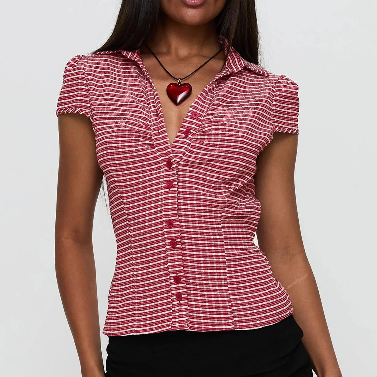 BXOXO Women's Basic Button Down Shirts Cap Sleeve Lapel Collar Tight Blouse Tie Up Back Slim Fit Tops Summer Office Shir