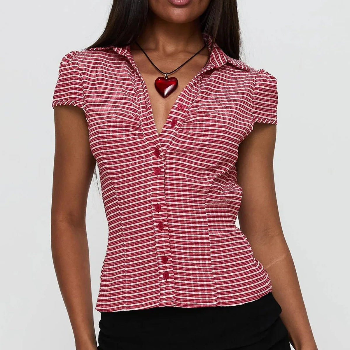 BXOXO Women's Basic Button Down Shirts Cap Sleeve Lapel Collar Tight Blouse Tie Up Back Slim Fit Tops Summer Office Shir