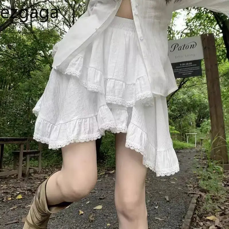 BXOXO Mini Skirts Women Irregular Lace Patchwork Ruffles Stretch High Waist 2025 Summer Fashion Sweet Skirt Female Casual