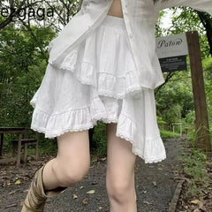 BXOXO Mini Skirts Women Irregular Lace Patchwork Ruffles Stretch High Waist 2025 Summer Fashion Sweet Skirt Female Casual