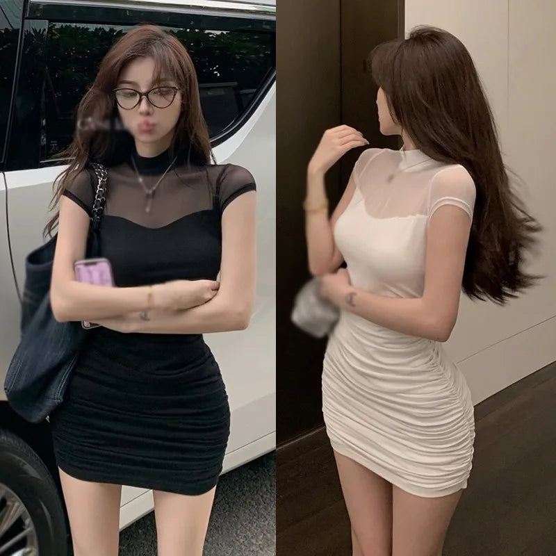 BXOXO Women's Dress Gauze Splice Slim Sexy Fashion Short Sleeves High Collar Female clothing
