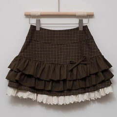 Bxoxo Japanese Sweet Lolita Mini Skirts Women Y2K Kawaii Lace Patchwork Bow Cake Skirt Femme High Waist Preppy All Match A Line Skirts