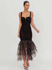BXOXO Mesh Backless Sexy Maxi Dress For Women Gown Two Layer Spaghetti Strap Sleeveless Ruched Bodycon Club Party Dress