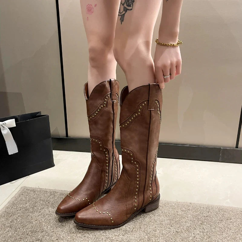 BXOXO Studded Boots Women Low Heel Cowboy Chelsea Western Short Leather Knee High Luxury Designer Gothic New Rock Shoes Vintage