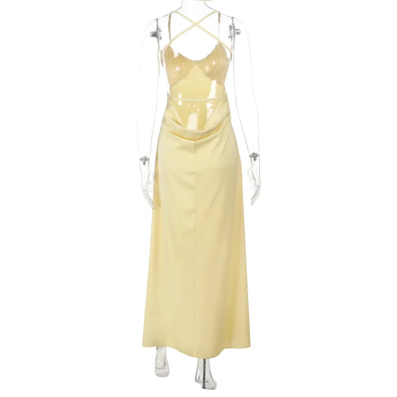 BXOXO Women's Satin Long Slip Dress Solid Color Sleeveless Spaghetti Strap Back Cross Slim Fit Dress Summer Party Clubwear