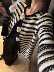 Bxoxo Stripe Knit Cardigan for Women Autumn Fashion 3D Flower Long Sleeve Female Knitwear Korean Elegant Slim All Match Button Coats