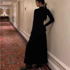 BXOXO  Autumn Half Turtleneck Dress Women Korean Elegant Black Hepburn Style Midi Dress Y2K High Waist Long Sleeve Warm A Line Vestidos