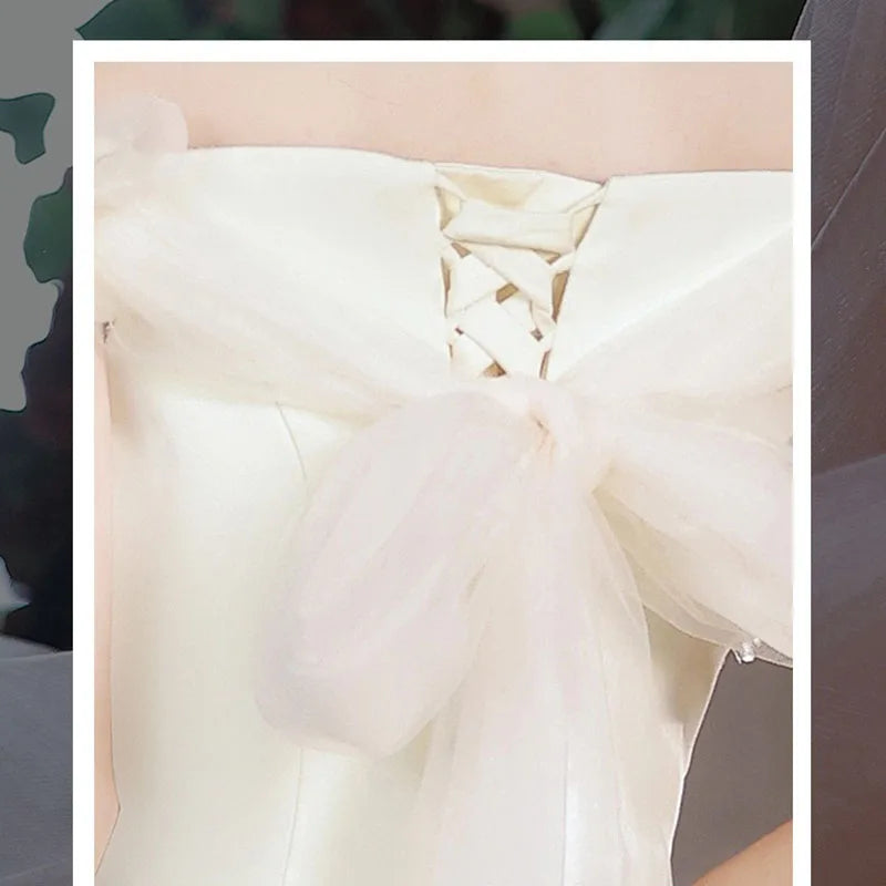 BXOXO Beige white light luxury fairy evening dress new line shoulder waist fish tail banquet evening dress