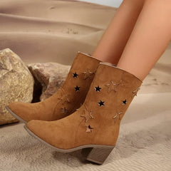 BXOXO Women's Summer Retro Round Toe Chunky Heels Vegan Suede Western Boots with Hollow Design and Rivets Cowboy Boots Shoes
