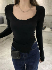 BXOXO Long Sleeve T-shirts Women Fungus Line Irregular Hem Knitted Slender Autumn Bottoming Tees Chic Fashion Sexy Solid Ulzzang New