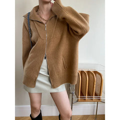 BXOXO Women Autumn Knitted Turn Down Collar Cardigans Zip Design Long Sleeve Women Sweater Cardigans Coat