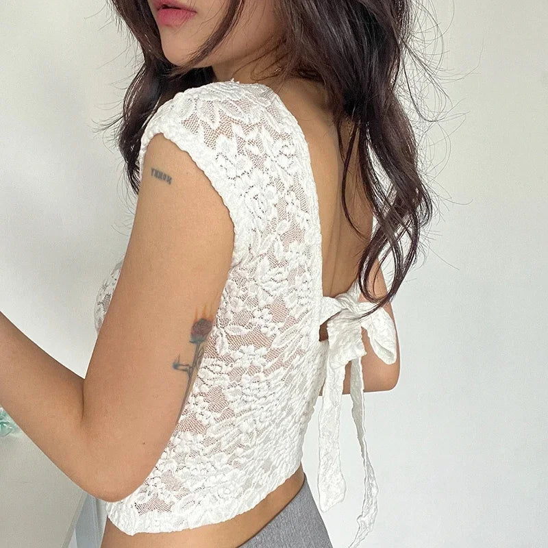Bxoxo Y2K Lace Patchwork Women T Shirt French Sexy Backless Lace-Up Short Sleeve White Crop Tops Female Summer Slim Bottoming Tees