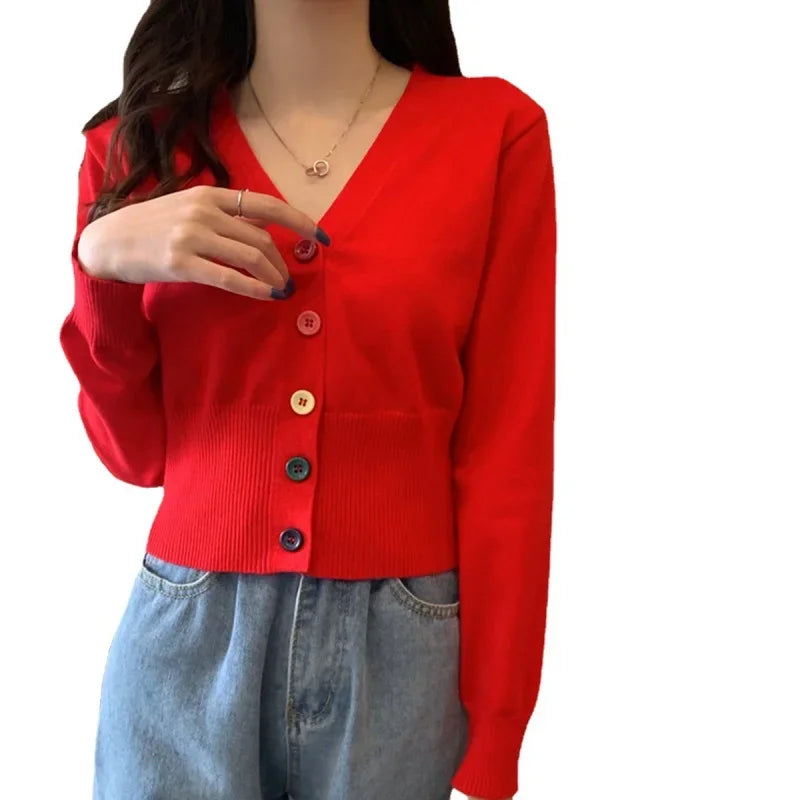 Bxoxo Autumn and Winter Little Fresh Colorful Buttons Younger Slim-Fit Slimming V-Collar Cardigan Long-Sleeved Sweater Top for Women