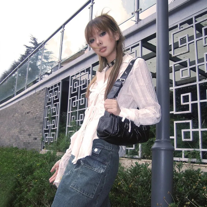 Bxoxo Y2k Aesthetics Pleated Shirt Fairycore Lace Up Blouse Trashy 2000s Style V-neck Shirt Irregular Japanese Harajuku 90s