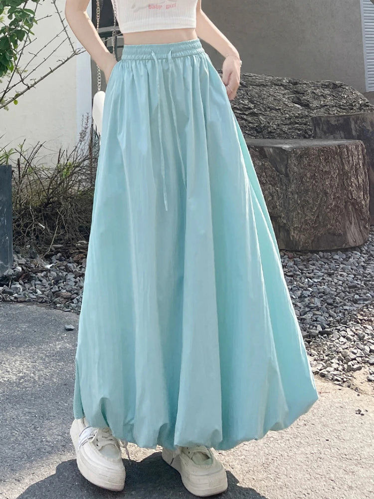 Bxoxo High Waist Fluffy Flower Bud Skirt Summer New Loose Versatile A-line Lantern Skirt Solid Color Elastic High Waist Long Skirt
