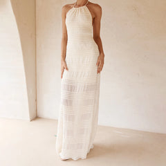 BXOXO Women Halter Flowy Vacation Long Dress Sexy Sheer Ruched Backless Dress Y2k Sleeveless Beach Tiered Maxi Sundresses
