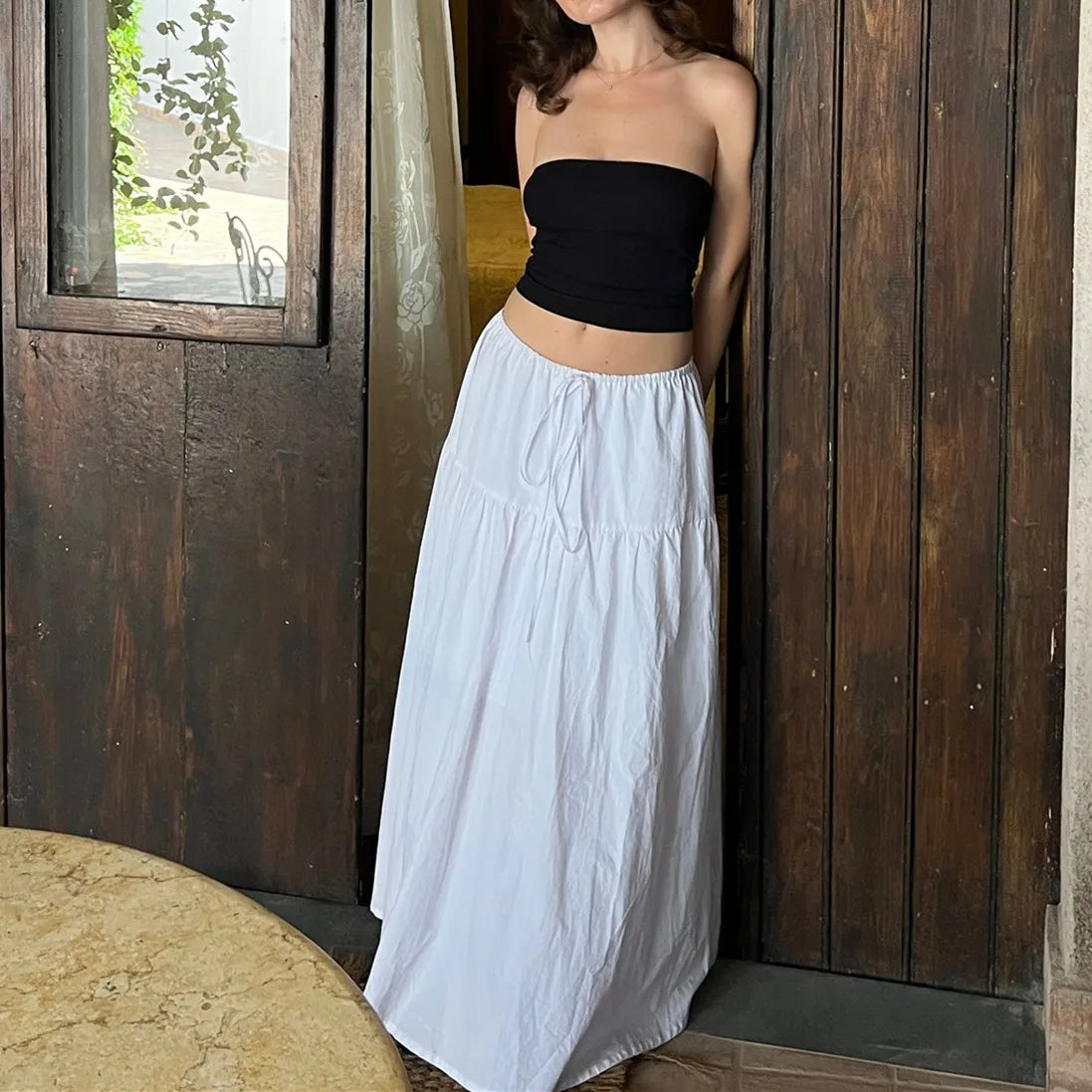 BXOXO Y2k Ruffle Long Skirt for Women Elastic Waist Drawstring Maxi Midi Skirt Flowy A-Line Tiered Skirt Summer Vacation Beachwear