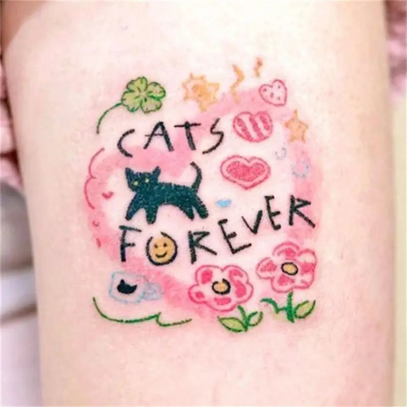 BXOXO Black Cat Flower Temporary Tattoos for Women Man Arm Cartoon Kitten Waterproof Tattoo Stickers Art Lasting Cute Fake Tattoo